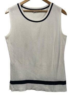 Exclusively Misook Ribbed Knit Tank Top White Navy Blue Accent Sz L Nautical
